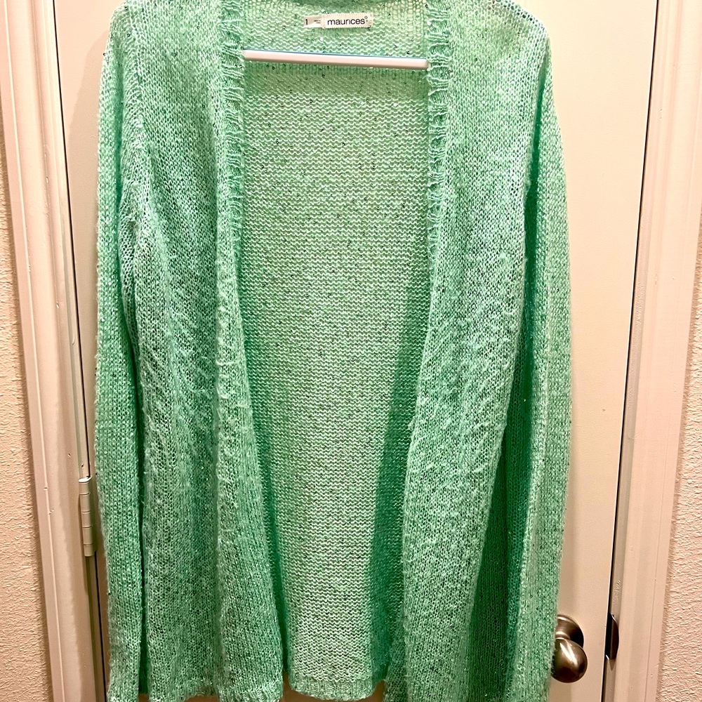 Sequin mint green long line open front cardigan